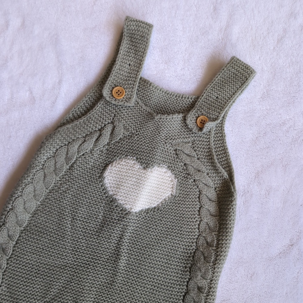 Knit Romper Unisex 9-12M Sage Green Heart Cable Knit Overalls